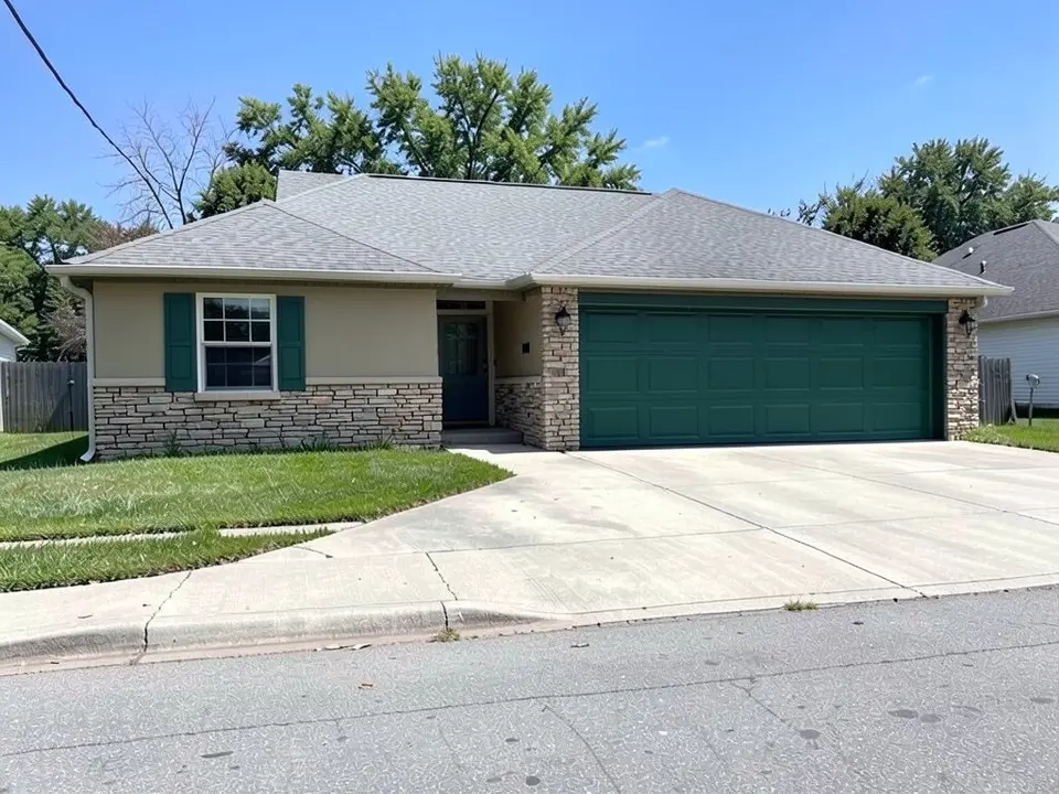 The same ranch house with a stacked stone veneer wainscot, greige walls and deep green trim and garage door