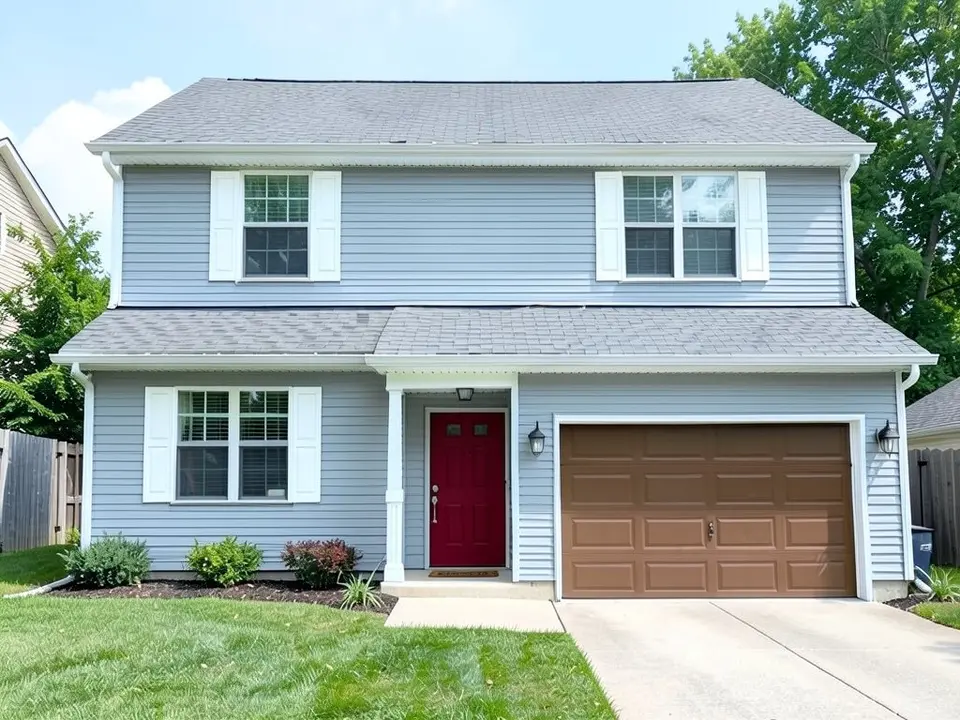 The same house with light blue-gray siding, white shutters and trim, a deep red front door and a brown garage door