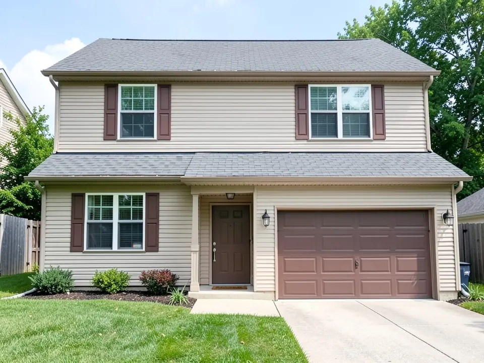 AI-drawn generic stand-in of a two-story house with beige horizontal vinyl siding, dark brown shutters and trim, a plain brown front door, a brown garage door and a medium gray shingle roof