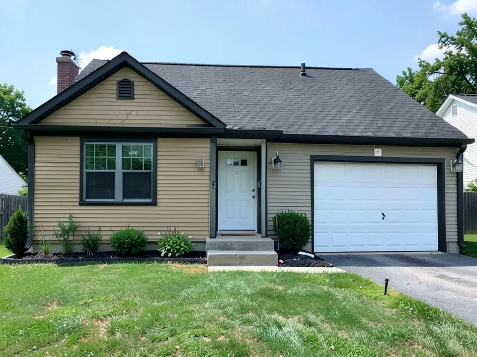 The same house with warm tan siding, and charcoal black window frame, gable trim, fascia boards and garage door frame; the white front door and white garage door kept