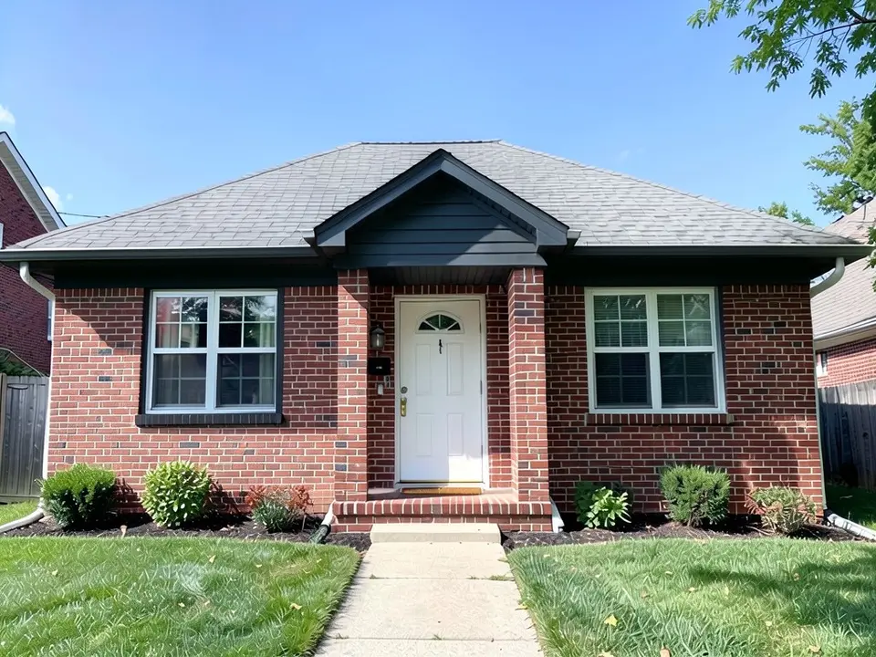 The same house with charcoal fascia, eaves, gable and left-window trim, while the right window trim stays white; red brick, white front door and roof kept