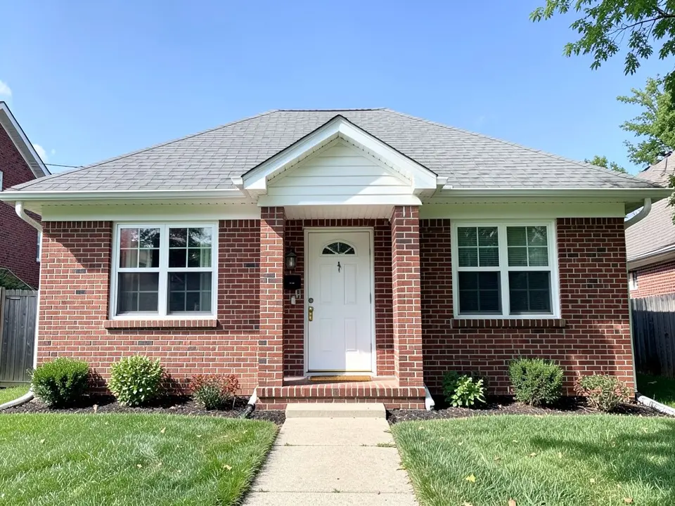 AI-drawn generic stand-in of a one-story red brick house with white window trim, white fascia and eaves, white gable siding over the entry, a white front door and a gray shingle roof