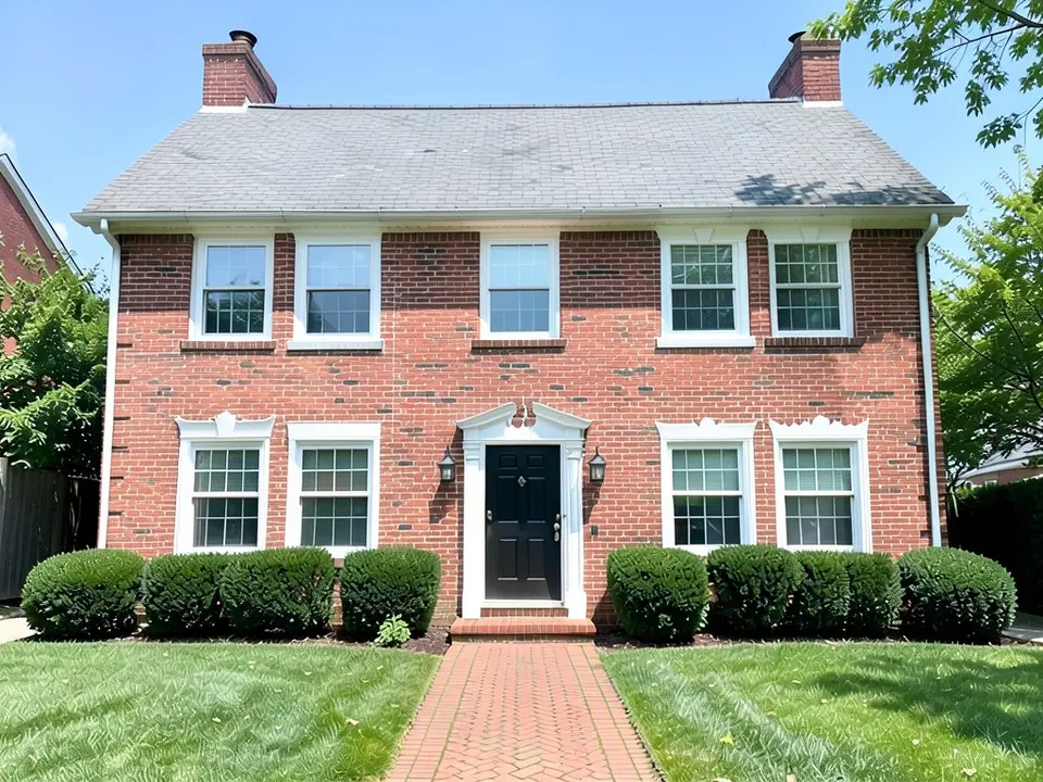 The same brick house with white trim on every window and decorative white crown headers over the four lower windows; brick, door, roof, shrubs and path kept