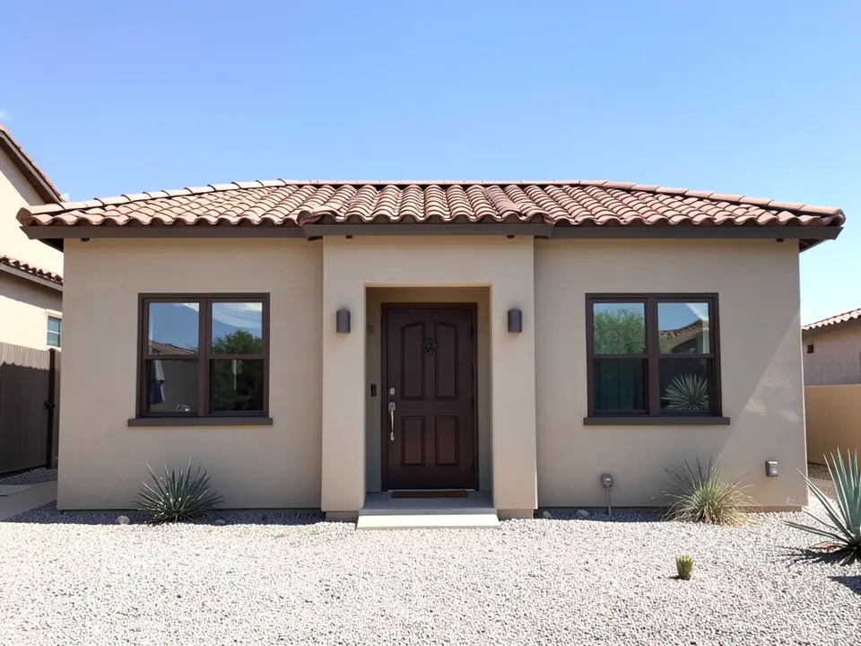 AI-drawn stand-in of a one-story house with smooth beige stucco walls, a terracotta tile roof, two dark bronze framed windows with no trim around them, a dark wood front door, and a gravel yard with desert plants