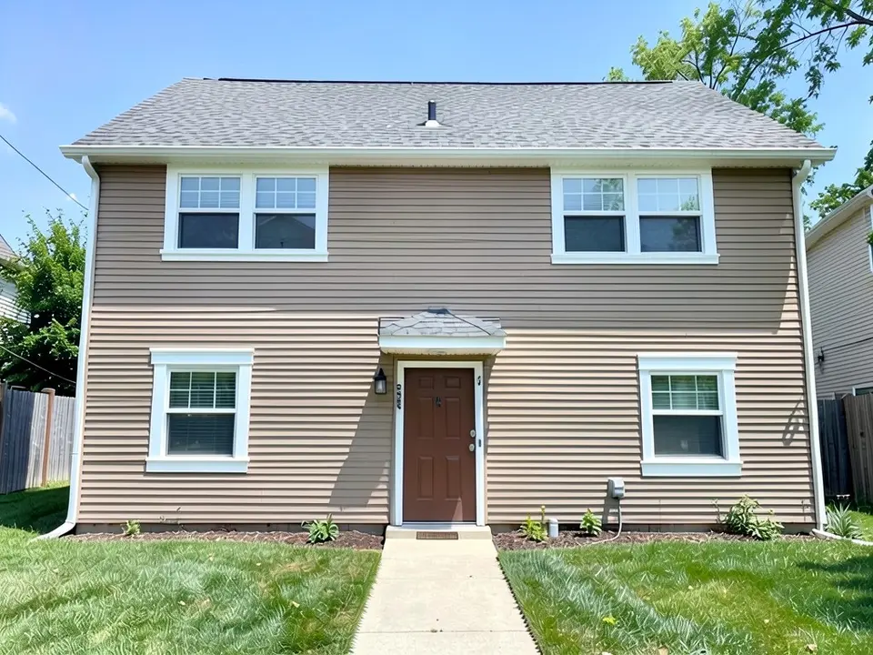 The same house with wide flat white trim and deeper sills around the two lower windows and slightly wider white trim on the upper windows; siding, door and roof kept