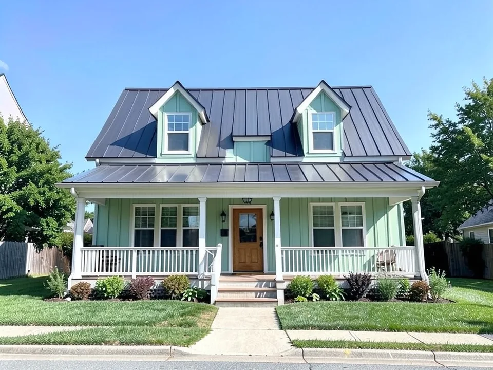 The same farmhouse with soft sage green board-and-batten siding, white trim and railings and a natural wood front door; metal roof and dormers kept