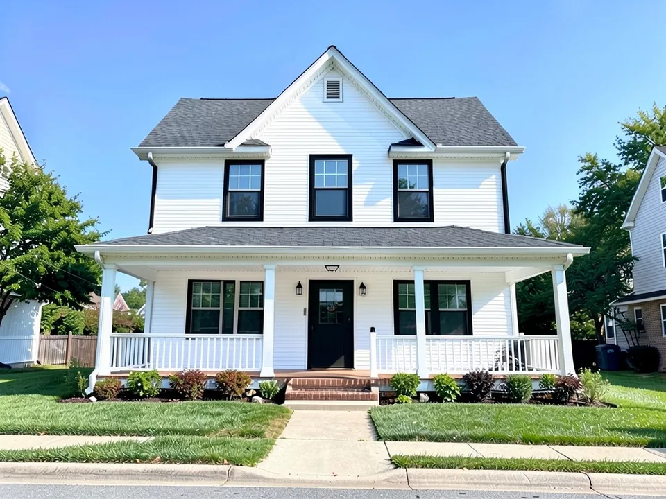 The same farmhouse with bright white siding, black window frames and trim and a black front door; porch, roof and windows kept