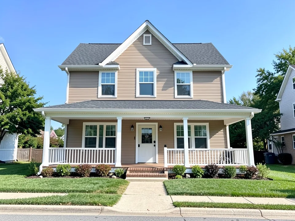 AI-drawn generic stand-in of a two-story farmhouse with tan horizontal siding, white trim, a full-width front porch with white posts and railings, a white front door and a dark gray roof