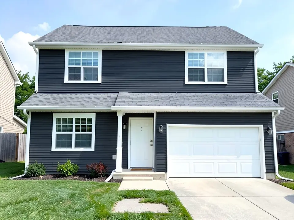 The same house with deep charcoal lap siding, white corner boards and trim kept, under the same gray roof