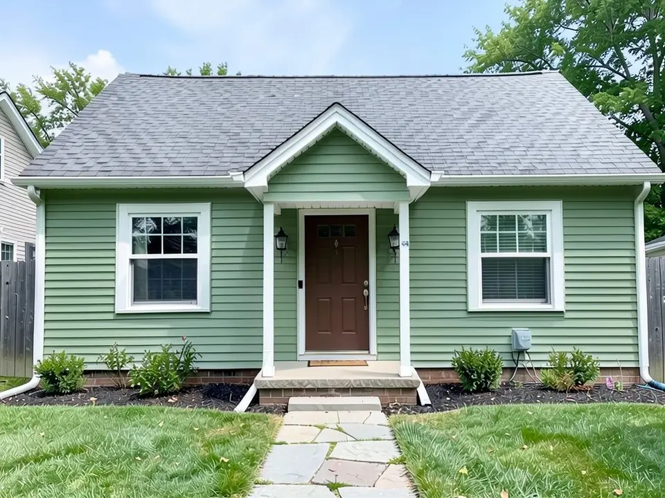The same house with sage green lap siding, white trim kept, a brown front door and the same gray roof