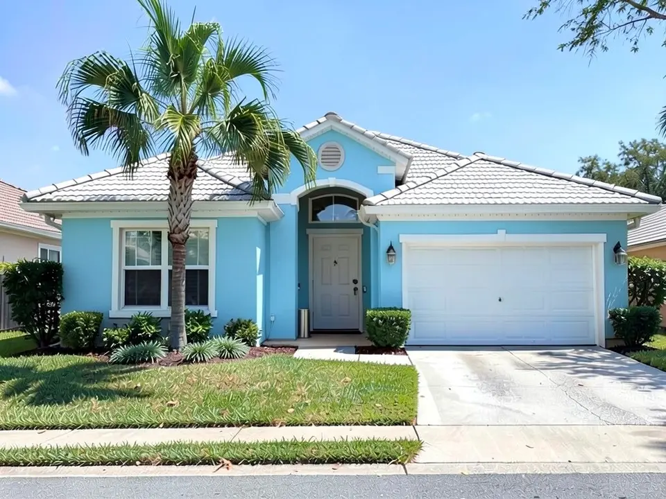 The same house with pale blue stucco walls; white trim, white garage door, palm tree and tile roof kept