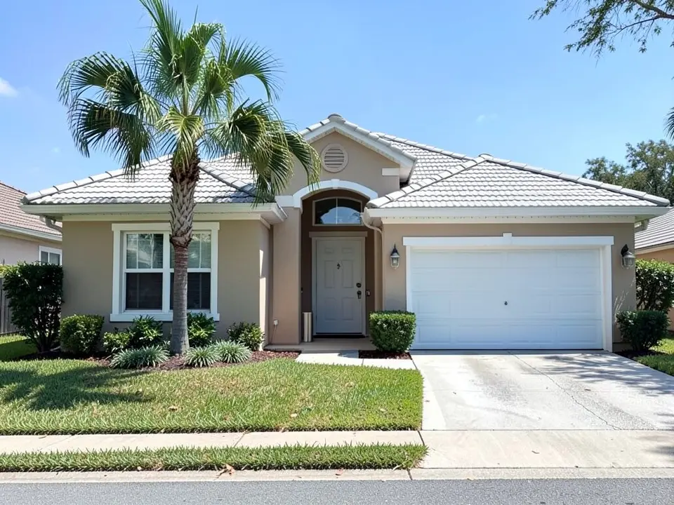 AI-drawn generic stand-in of a one-story Florida stucco house with beige walls, white window trim, a white garage door, a palm tree and a light gray tile roof