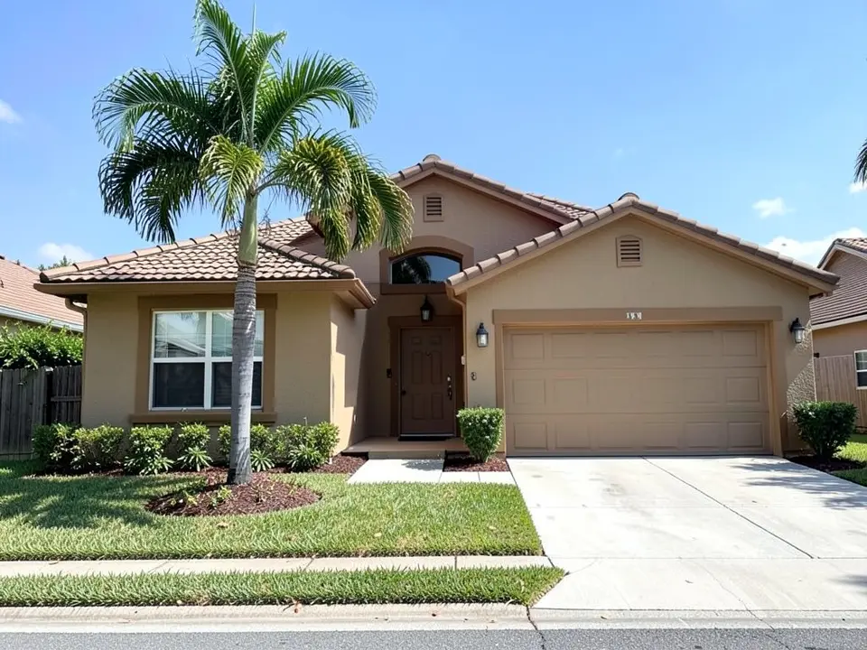AI-drawn generic stand-in of a one-story Florida stucco house with tan walls, tan window trim, a tan garage door, a palm tree and a brown tile roof