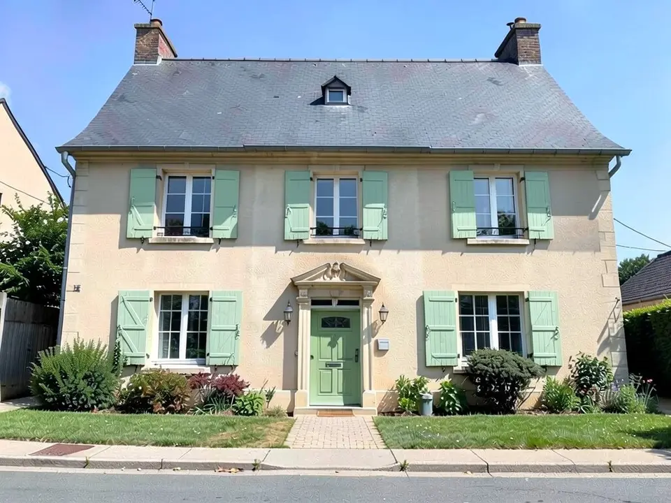 The same house with soft sage green shutters and door; beige stucco and slate roof kept