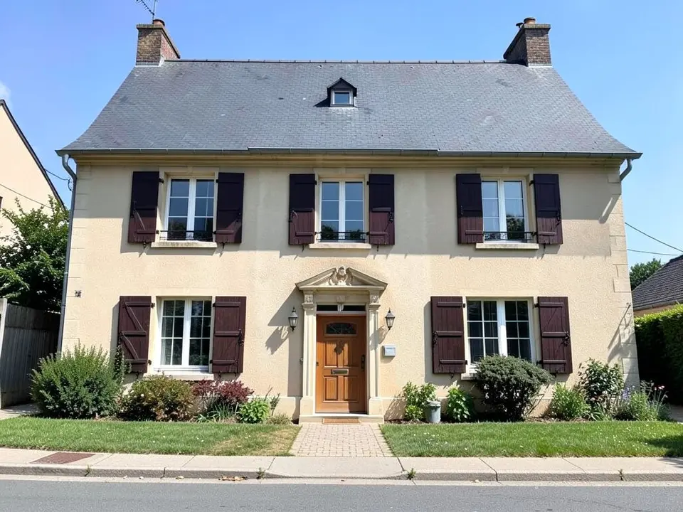 AI-drawn generic stand-in of a two-story French country house with warm beige stucco walls, dark burgundy-brown shutters on every window, a wooden front door with a stone surround, a gray slate roof and two chimneys