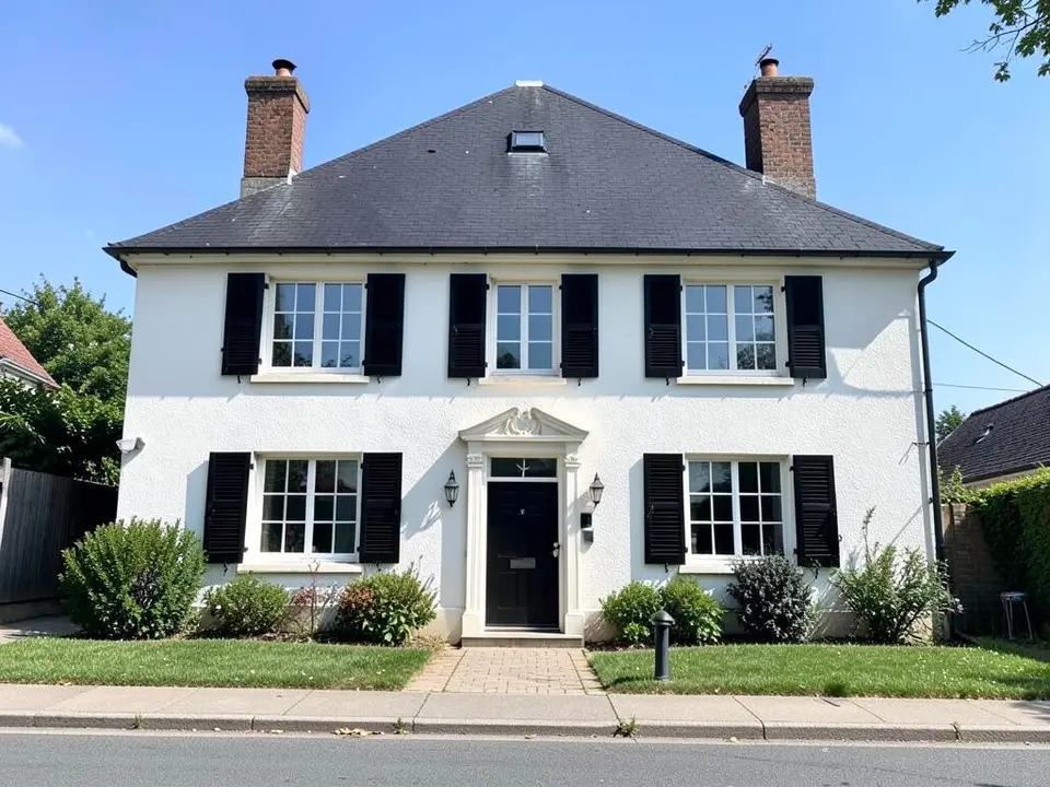 AI-drawn generic stand-in of a two-story French country house with white stucco walls, black shutters on every window, a black front door, a steep dark roof and two brick chimneys