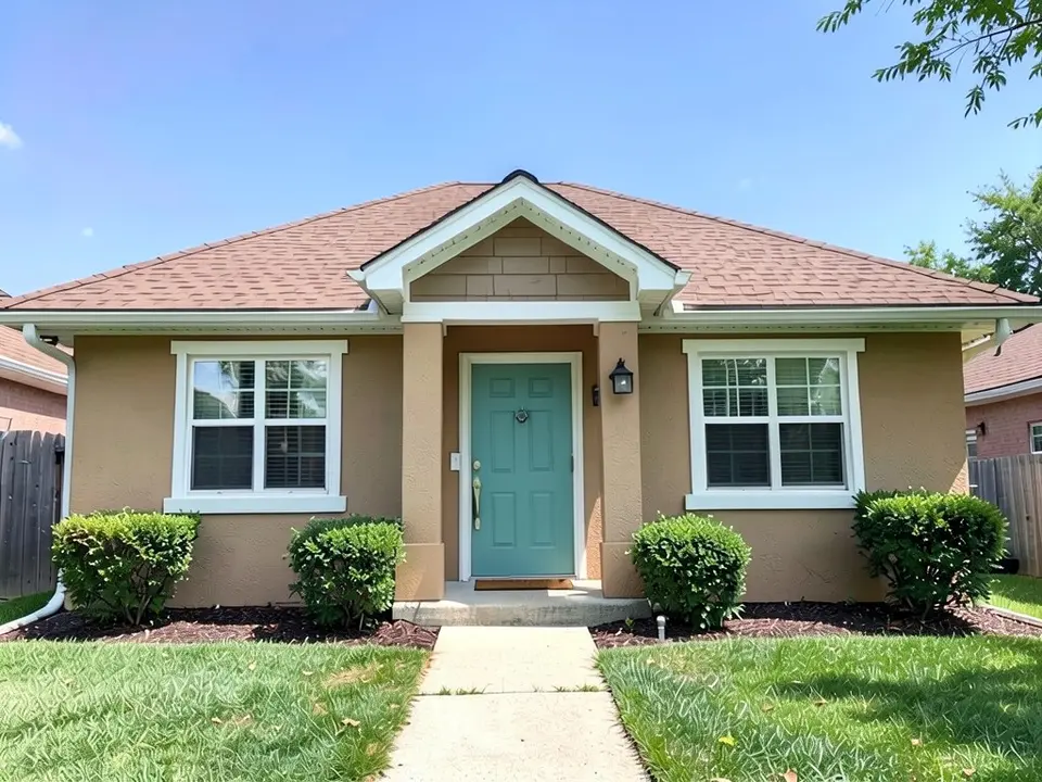 The same house with a dusty teal front door; walls, trim, roof and shrubs kept