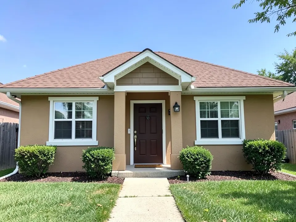 AI-drawn generic stand-in of a single-story tan stucco-look house with white trim, a dark brown front door, a brown shingle roof and two shrubs beside the entry
