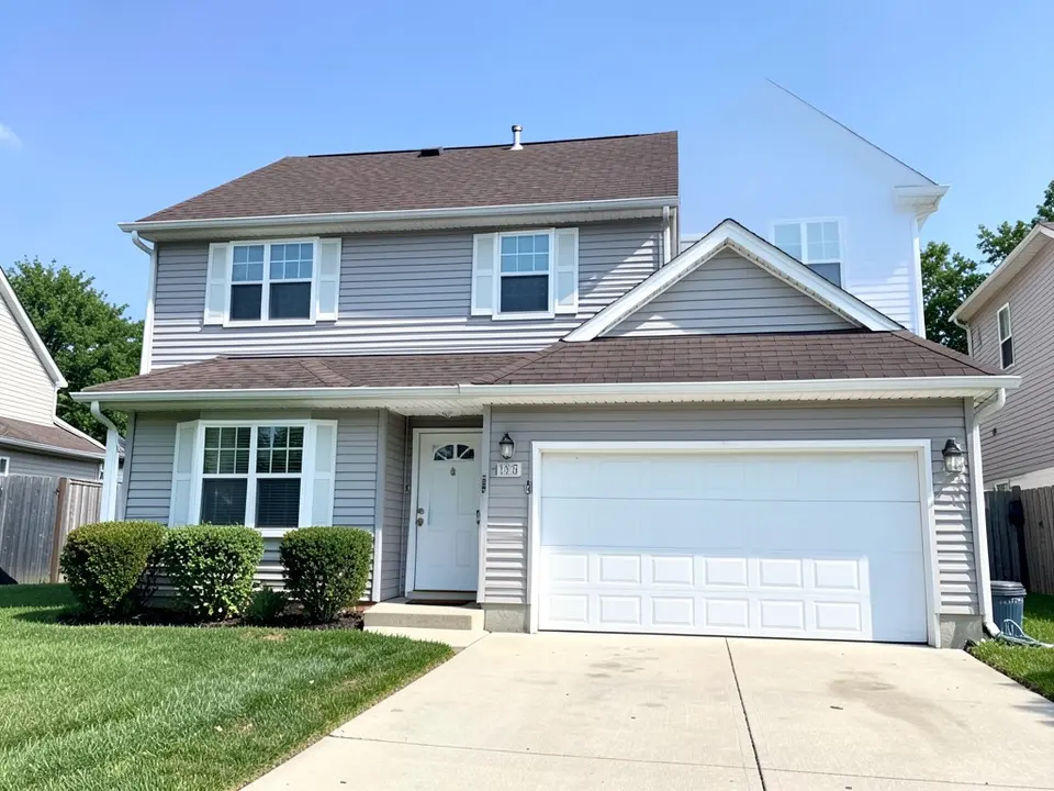 AI-drawn generic stand-in of a two-story house with light gray horizontal siding, white window trim, a white front door, a white garage door and a dark brown shingle roof