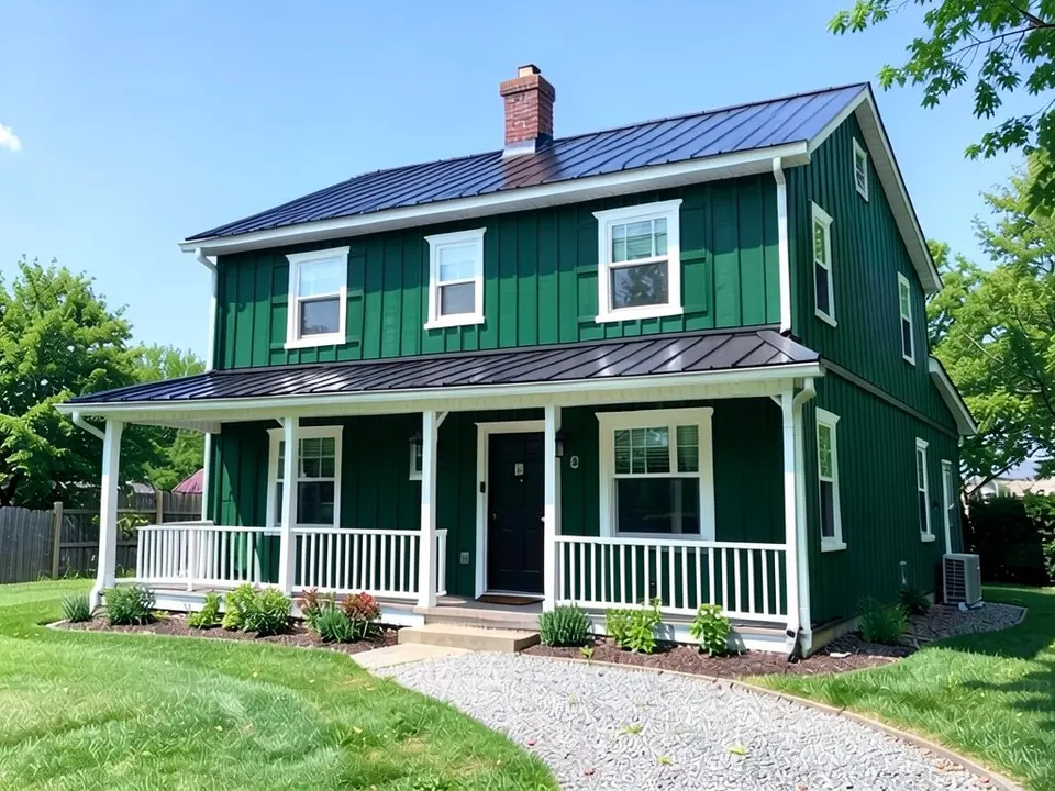 The same house with deep green board-and-batten siding; white trim, porch, black door and roof kept