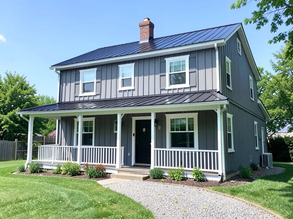 AI-drawn generic stand-in of a two-story house with gray board-and-batten siding, white window trim, white porch posts and railings, a black front door and a black metal roof