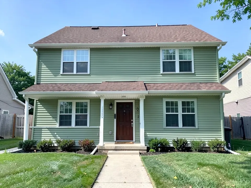 The same house with soft sage green siding; white trim, dark door and roof kept