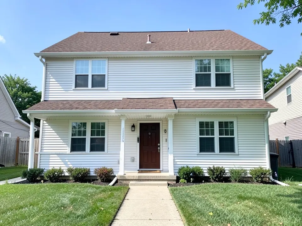 AI-drawn generic stand-in of a two-story house with white horizontal siding, white window trim, a dark wood front door and a brown shingle roof
