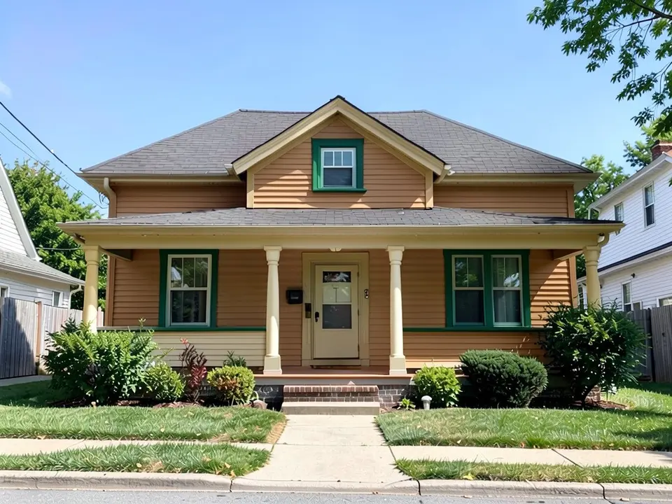 The same house with warm brown siding, cream trim and porch columns, and dark green window sash; roof kept