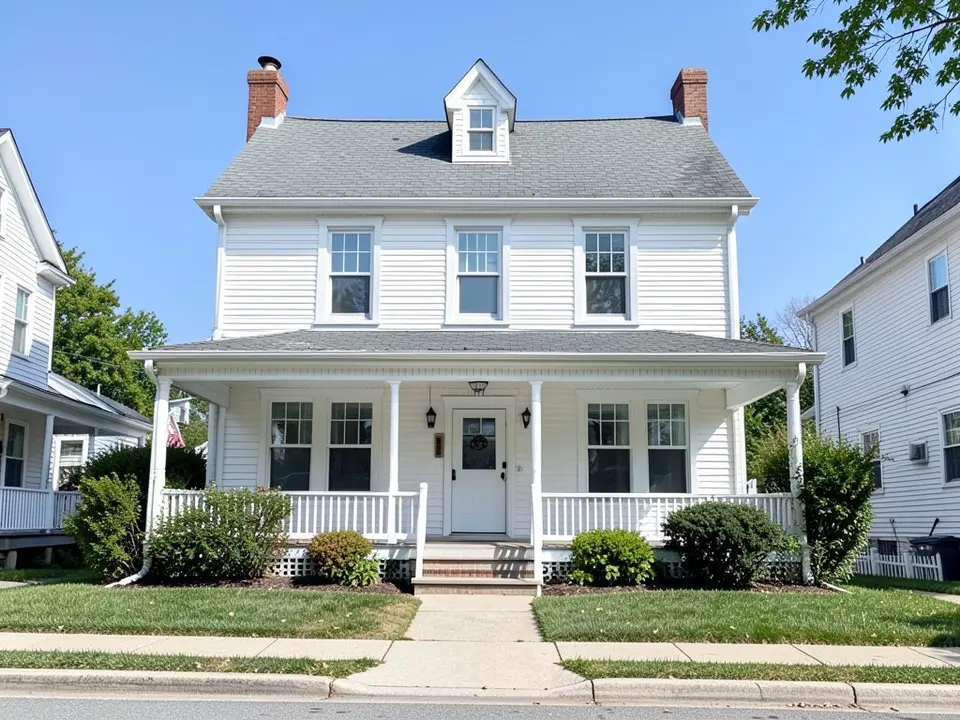 AI-drawn generic stand-in of an older two-story house with all-white siding, trim and window sash, a full front porch with white railings, a dormer and a gray shingle roof