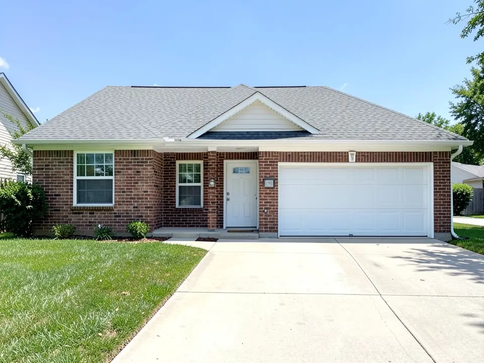 AI-drawn generic stand-in of a one-story red-brown brick ranch house with a white two-car garage door, a white front door, white trim and a gray shingle roof