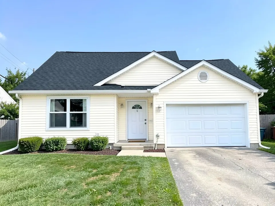 The same house with pale cream siding and a dark charcoal roof; white trim, white doors kept