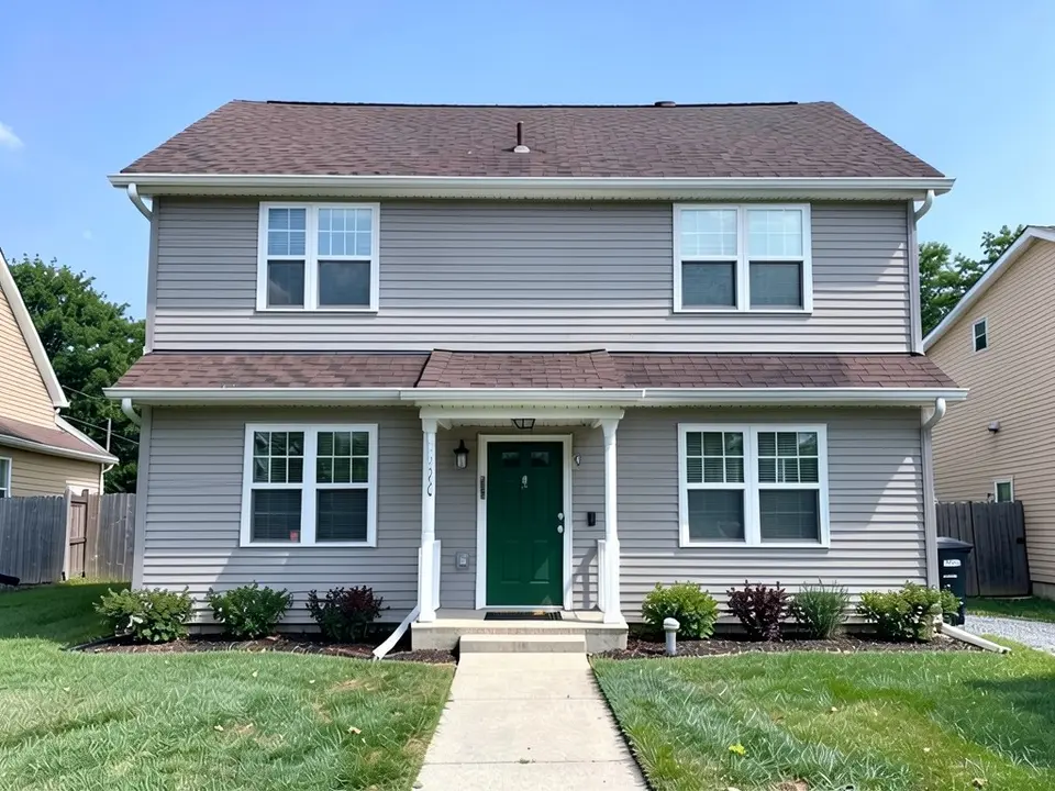 The same house with gray siding and a deep green front door; white trim and the brown roof kept