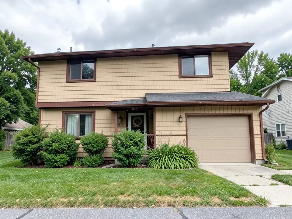 1980s two-story house with tan shingle siding, brown trim and gutters and a beige garage door