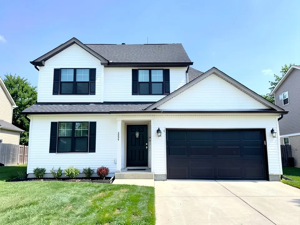 The same house with bright white siding; black shutters, black doors and dark roof kept