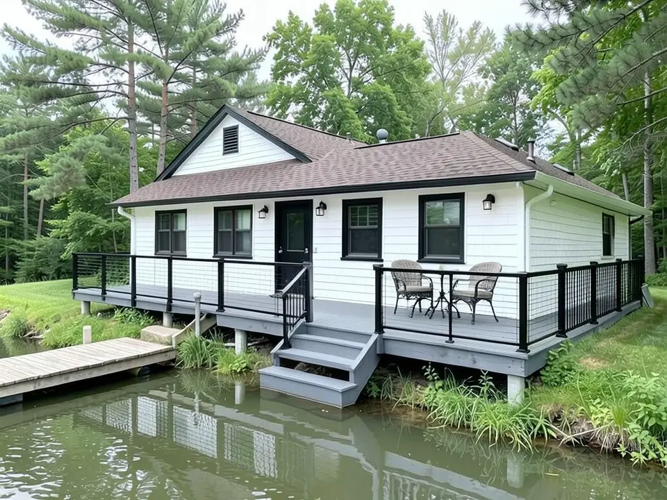 The same cottage with white painted shingles, black window trim and door, a grey deck and a black metal railing with thin horizontal cables along the front; roof, deck shape, steps, dock and trees kept