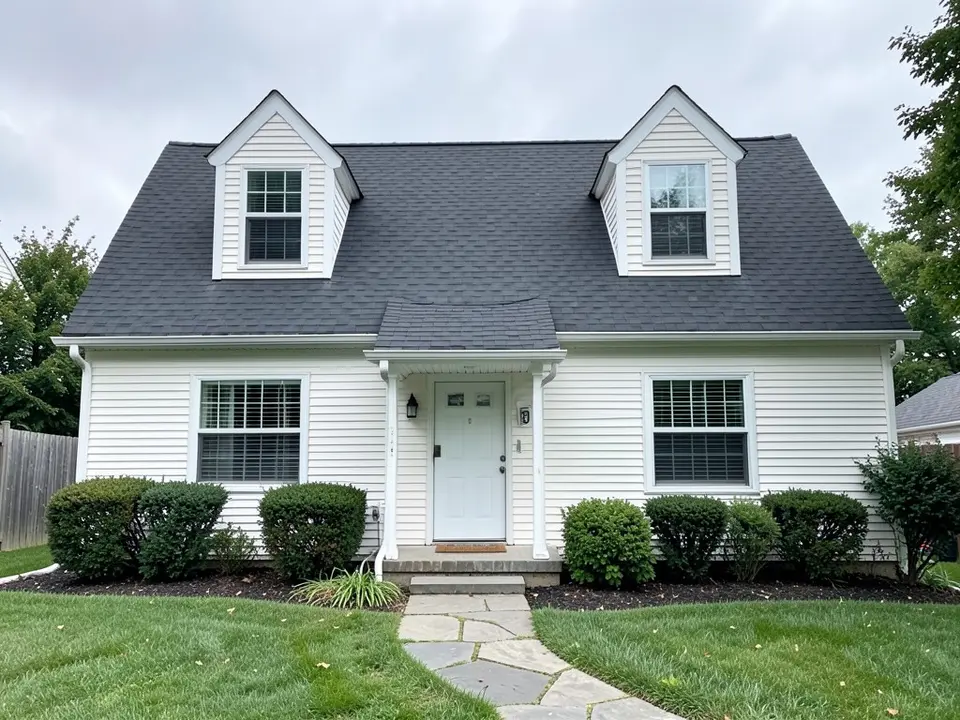 AI-drawn generic stand-in of a Cape Cod style house with white horizontal vinyl lap siding, two dormers, white trim, a white door under a small porch roof and a dark gray shingle roof