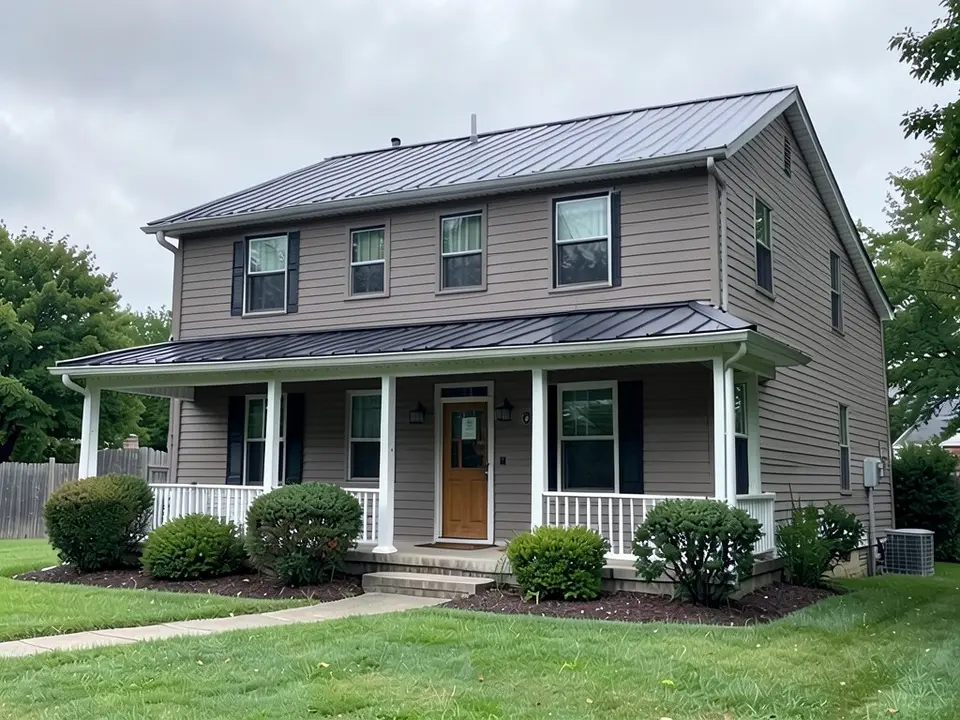 The same house with warm gray horizontal siding on every wall; porch, windows, wooden door and black metal roof kept
