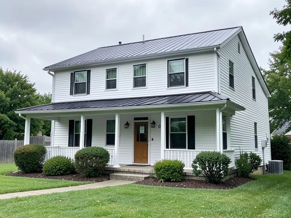 AI-drawn generic stand-in of a two-story farmhouse style house with white horizontal vinyl lap siding, black-framed windows, a covered porch with white posts, a wooden front door and a black metal roof