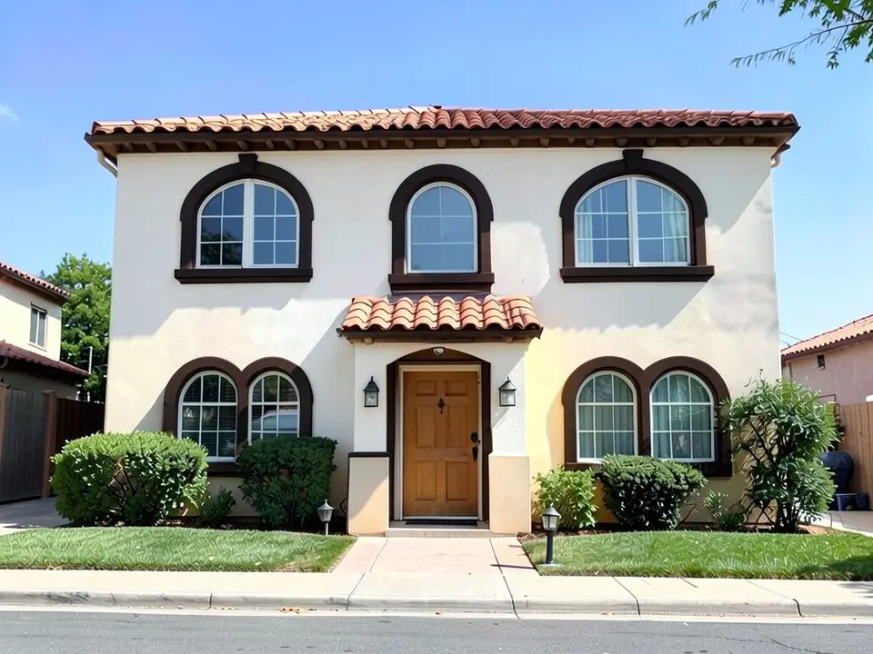 The same house with warm white stucco and dark espresso brown trim around the arched windows; wooden door and tile roof kept