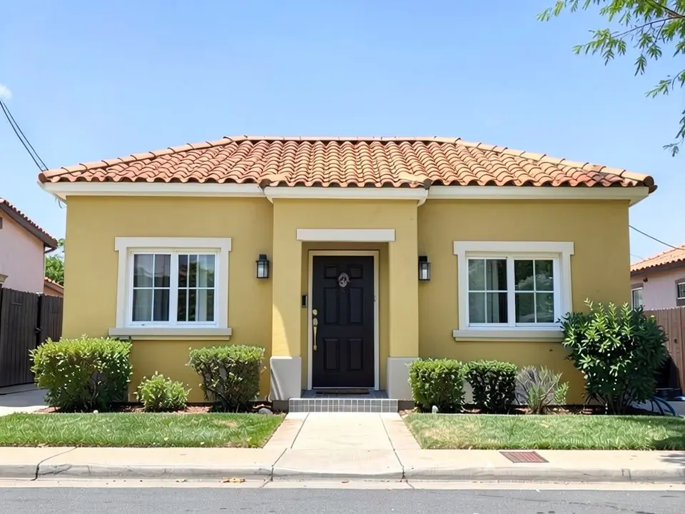 The same house with butterscotch yellow stucco; white trim, black door and tile roof kept