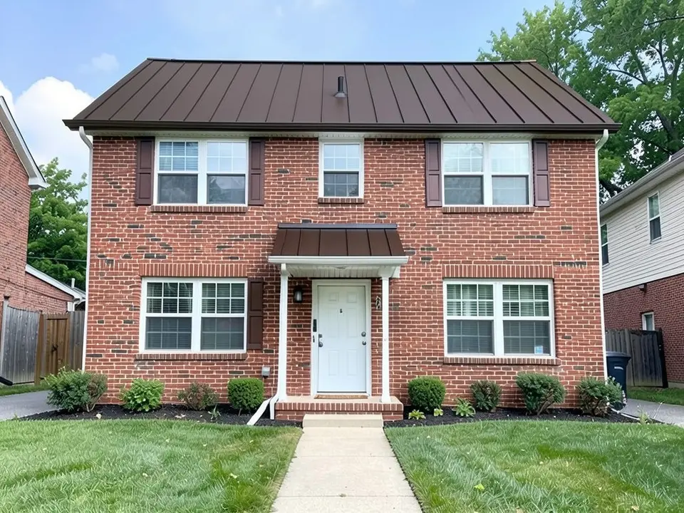 The same house with a dark brown standing seam metal roof over the main house and the entry roof; brick, shutters, trim and door kept