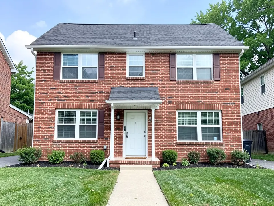 AI-drawn generic stand-in of a two-story red brick house with dark maroon-brown shutters, white window trim, a white front door under a small entry roof and a dark gray asphalt shingle roof