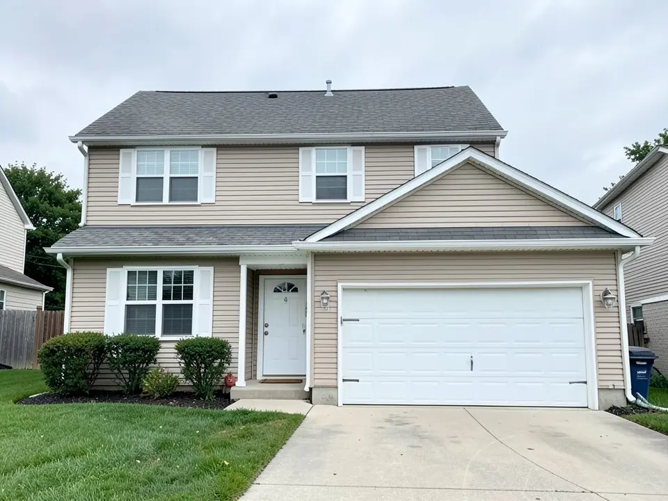 AI-drawn generic stand-in of a two-story house with beige horizontal vinyl siding, white trim and shutters, a white front door, a white garage door and a gray shingle roof