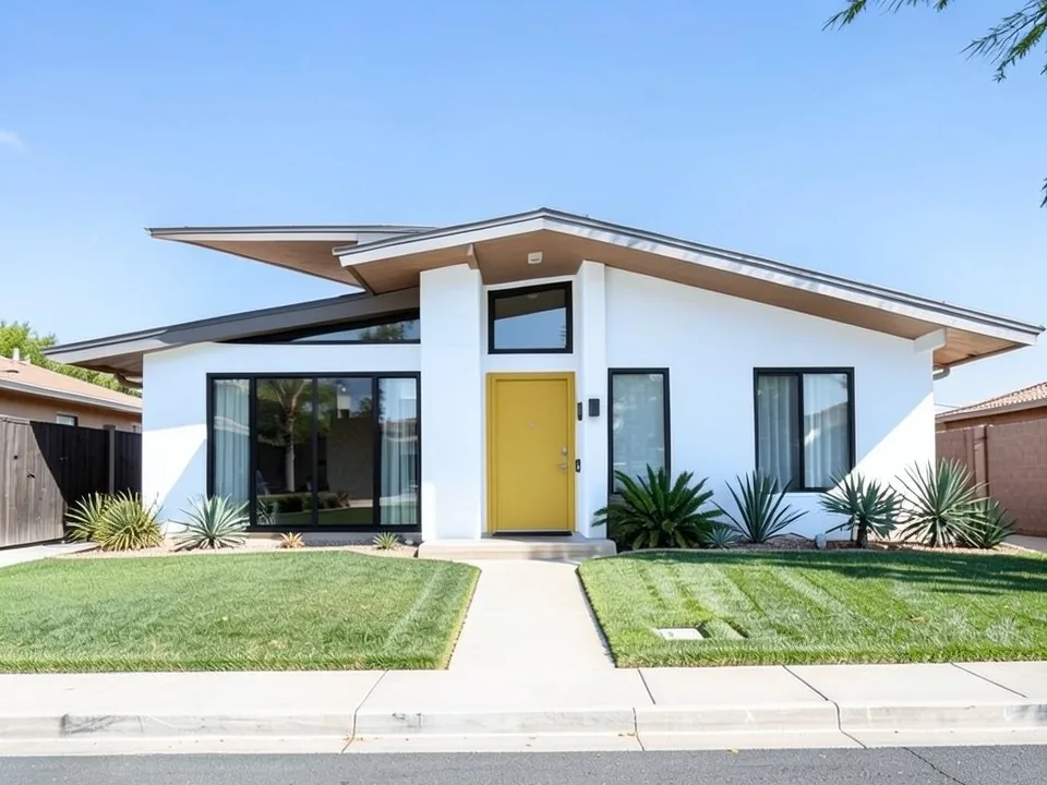 The same house with white stucco walls, black window frames and a mustard yellow front door; butterfly roof, windows and plants kept