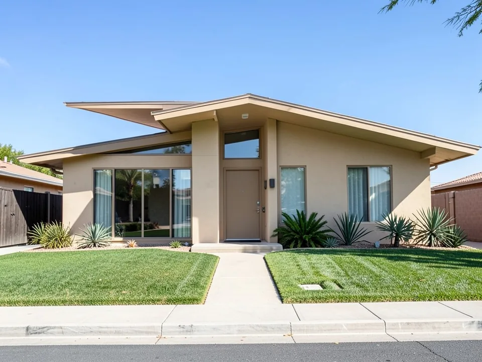 AI-drawn generic stand-in of a single-story mid century house with a butterfly roof, tall glass windows beside the entry, tan stucco walls, a tan front door and desert plants