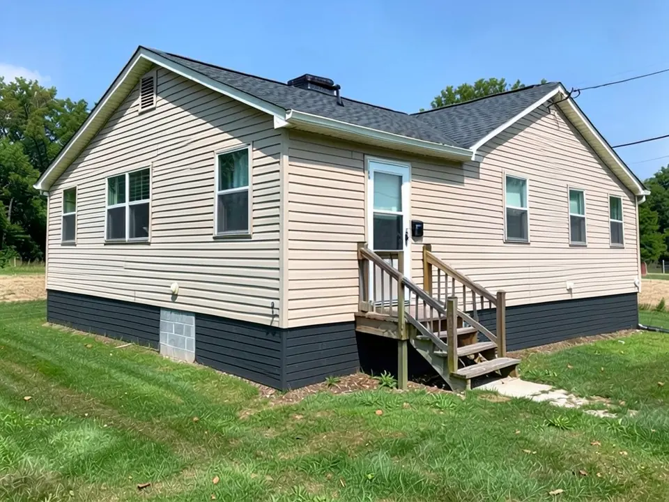The same home with dark charcoal horizontal board skirting closing the gap to the ground; one section of concrete block left showing near the corner