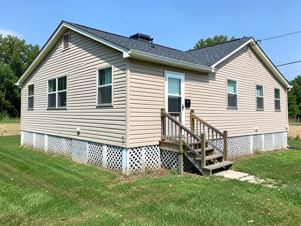 Double-wide style manufactured home with beige vinyl siding, a grey shingle roof and wooden porch steps, with weathered white lattice skirting and a section of concrete block showing at the base