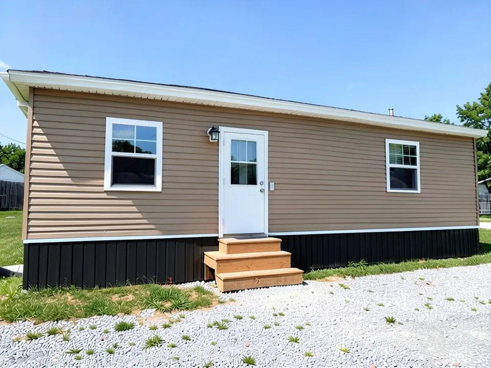 The same single-wide with black vertical-rib metal skirting and a thin white trim line where the skirting meets the siding