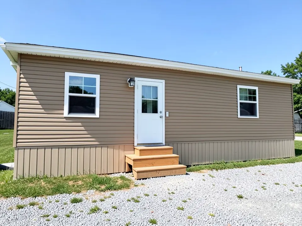 Tan single-wide manufactured home with tan vinyl siding, white windows and door, a black wall light, new wooden steps and plain beige vertical skirting panels