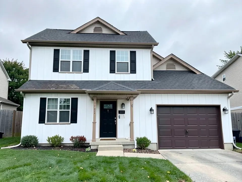 The same house with white vertical board-and-batten siding, black shutters and a black front door; the brown garage door, the tan porch posts, the roof and the lawn kept